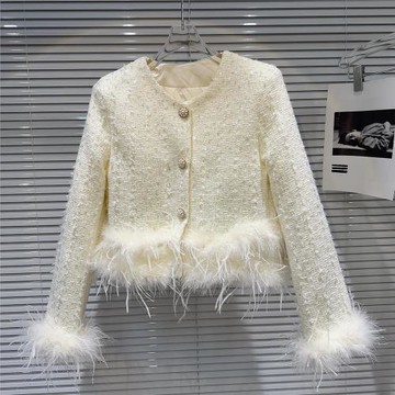 網紅同款2024冬季新款小香風名媛羽毛毛珠片粗花呢羽絨內膽短外套