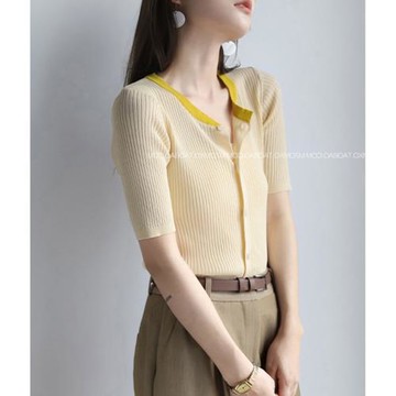 正品哥家新款夏圓領冰絲撞色T恤上衣女修身顯瘦百搭短袖針織開衫