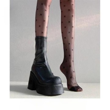 黑色增高粗跟短靴女2023秋季新款側拉鏈高跟靴松糕厚底中筒靴女