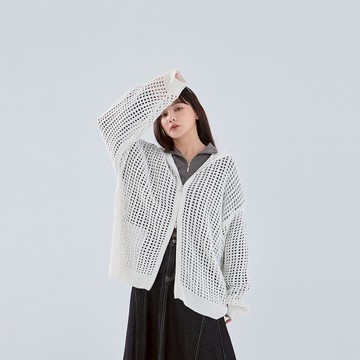 QUEENSHOP_F 女裝 中性雙頭拉鍊簍空針織連帽外套 四色售 現+預 【02071665】