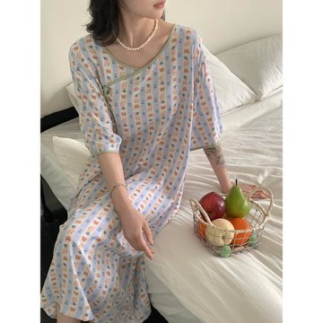 2024年新中式夏睡裙女五分袖綿綢中袖卡通國風睡衣女連衣裙家居服
