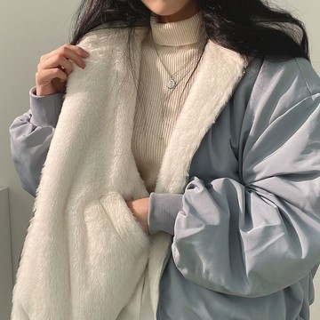 韓版兩面穿復古色系寬鬆加厚毛毛外套 厚外套 連帽外套 大衣 上衣 女裝 衣服 外套 C053