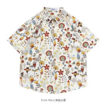From Mars 發揮想象力 潮牌趣味涂鴉滿印翻領短袖襯衫寬松休閑ins