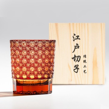 日式江戶切子 琥珀綾光手工切割威士忌杯 紅色 刻字 退休禮物