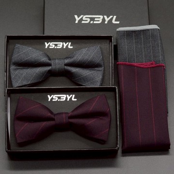 正裝領結男韓版新郎伴郎英倫格子條紋紳士灰色商務蝴蝶結禮盒裝潮