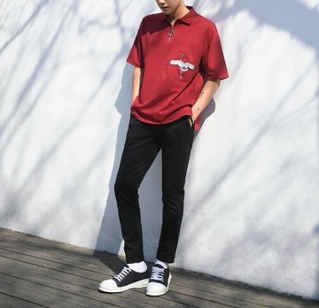 FINDSENSE MD 日系 時尚 潮 男 仙鶴 動物圖案 拉鏈 短袖POLO衫 短袖T恤 特色短T