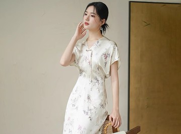 以竹 新中式復古中國風 醋酸V領連肩緞面長裙