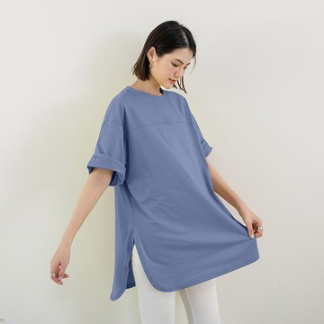 Yukié - 圓領休閒側開衩長版上衣-藍色 (F)