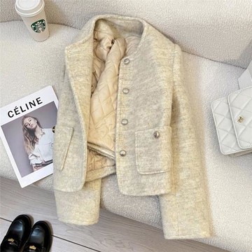 杏色夾棉內膽小香風毛呢短外套女2025冬季新款加厚高級感休閑上衣