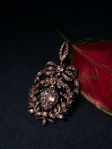 1850s 法國 浪漫主義時期 桂冠花環緞帶吊墜