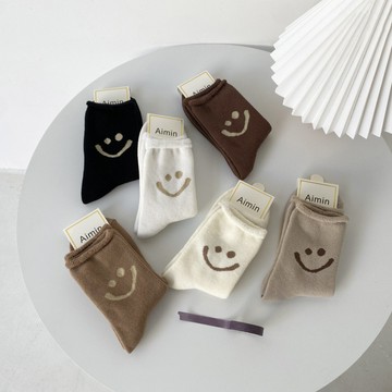 可愛笑臉加厚毛圈襪子 女襪 中幫襪 冬季保暖襪 日系素色百搭休閒毛巾睡眠襪
