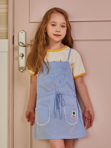 Cotton Shirred Ribbon Dress [Check Blue]
