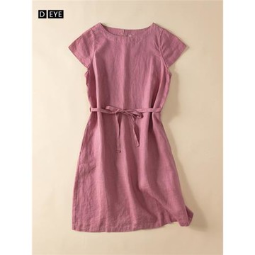 粉色純亞麻連衣裙女夏季小飛袖圓領收腰上衣夏天棉麻中長T恤裙子
