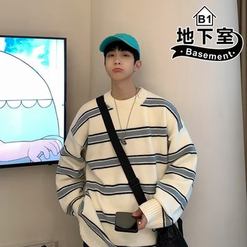 地下室B1-針織衫 日系潮流秋冬條紋寬鬆慵懶毛衣 長袖上衣 男裝 男生衣服【NL663134】