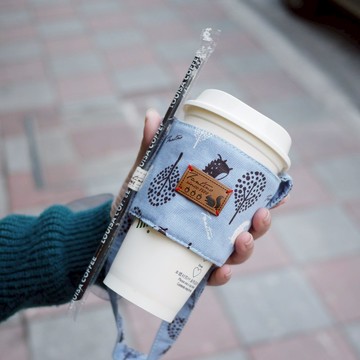 布花雙層隔熱飲料提袋 -叢林躲貓貓- (天空藍)/交換禮物/畢業季