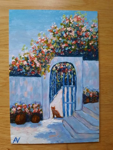 希臘原創油畫、地中海貓咪、九重葛、迷你藝術畫作