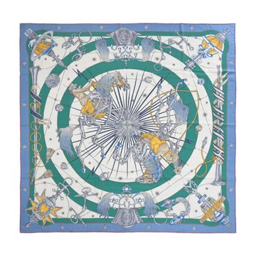 Hermes 愛馬仕 Chorus Stellarum 140 手工捲邊喀什米爾與真絲混紡方巾(牛仔藍/自然色/英國綠)