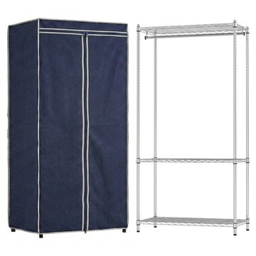 KI WISH 居家生活 三層衣櫥架 90 x 46 x 180cm + 衣櫥布套  銀色 單桿 + 經典藍  46cm