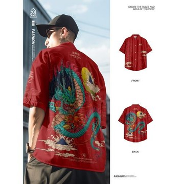 夏季新款十二生肖休閑短袖襯衫男士寬松薄款國潮上衣定制外套男裝