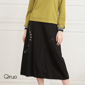 【Qiruo 奇若名品】秋冬專櫃精品黑色中長裙 英文字母設計(時尚百搭休閒必備款造型休閒裙8193B)