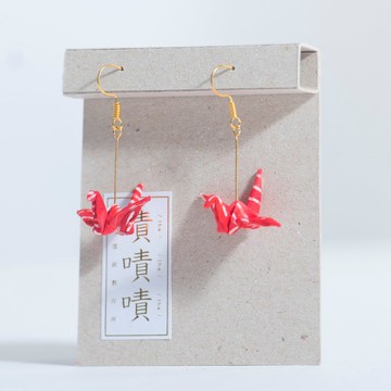 \鶴鶴成雙/ 摺紙耳環_蠟染紅