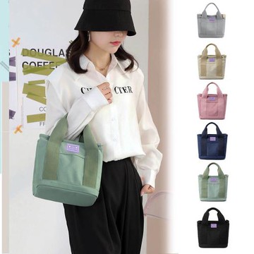 SPRING 日式簡約文青手提小帆布包手提小方包千層手提包-多色(天然系帆布手提千層包)