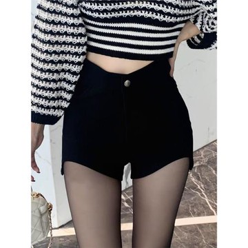 高腰設計感短褲性感包臀秋冬辣妹緊身高彈黑色超短褲打底外穿熱褲