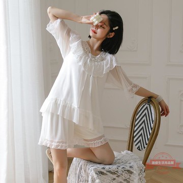 復古宮廷風睡衣女蕾絲莫代爾棉公主風甜美可愛網紗家居服兩件套