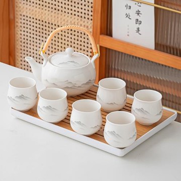 (免運)德化白瓷提梁壺功夫茶具套裝陶瓷家用水墨風茶壺茶杯中式簡約現代