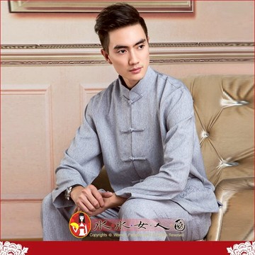 中國風男士唐裝如節麻書卷氣質十足的長袖上衣外套+長褲套裝-風度(淺灰色)-水水女人國