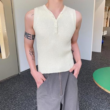 夏季系扣V領針織彈力緊身背心男設計感韓版潮流修身無袖馬甲坎肩
