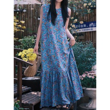 2025新款睡裙女夏長款睡衣女款棉綢度假風連衣裙氛圍感人造棉裙子