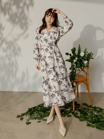 質感印花V領收腰後綁帶長洋裝