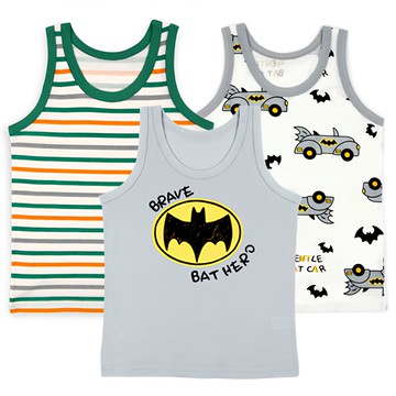 Maykids 男童款蝙蝠俠印花背心組 100%棉  85號  橘綠條紋 + 蝙蝠車 + 蝙蝠俠標誌
