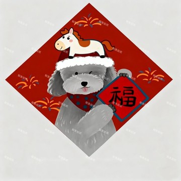 ⭐免運🌈臺灣有貨⭐2026原創插畫新年狗狗馬年福字福貼斗方春聯可愛過年裝飾【可開票】