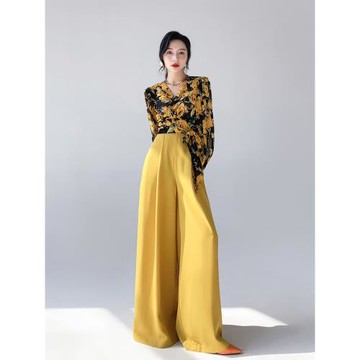 AKSAYA高級感薄款黃色拖地高腰闊腿褲垂感休閑褲梨形身材女春夏季