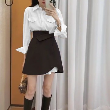 長袖套裝半身短裙兩件套時尚百搭溫柔系穿搭女裝洋氣襯衫鹽系新款【倪醬】