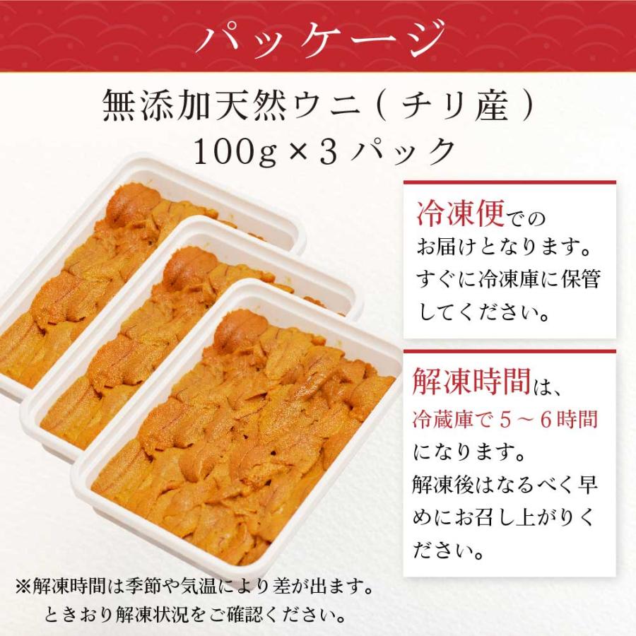 生うに 100g 3パックセット チリ産 無添加 みょうばん不使用 お刺身用 ウニ 雲丹 冷凍 送料無料 お取り寄せ お歳暮 御歳暮 クリスマス