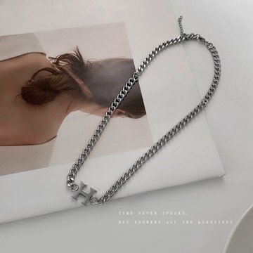 韓國S925純銀重工H字母項鏈女粗鏈條個性ins嘻哈潮鎖骨鏈復古頸鏈