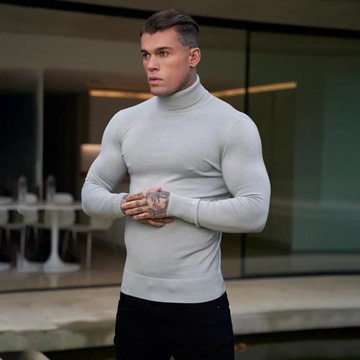 秋冬長袖針織衫打底衫高領健身套頭修身緊身衣純色休閑肌肉男毛衣
