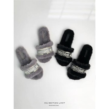 2025春秋新款D家毛毛保暖時尚復古外穿字母半拖一字ins潮涼拖鞋女