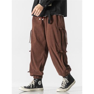 獨樓中國風抽繩束腳盤扣古風寬松秋冬季褲子男休閑褲哈倫褲男潮牌