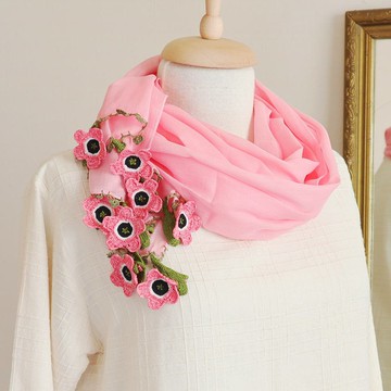 立體花飾 棉質披肩【銀蓮花】櫻桃粉