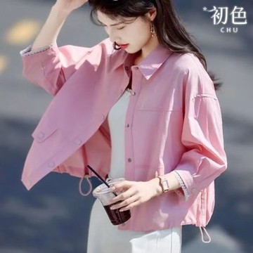 初色 通勤風蕾絲花邊七分長袖純色單排釦抽繩POLO翻領外套女外套-粉色-12713(M-2XL可選)