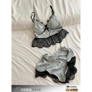 法式性感冰絲吊帶睡衣女款夏季純欲風蕾絲花邊背心短褲家居服套裝