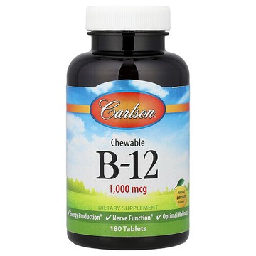 Carlson, 維生素 B-12 咀嚼片，天然檸檬味，1,000 微克，180 片