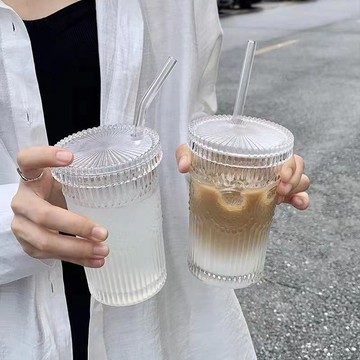 玻璃杯 吸管杯 北歐ins風複古浮鵰太陽花水杯帶蓋吸管玻璃杯冷飲杯果汁杯咖啡杯 XB0Z