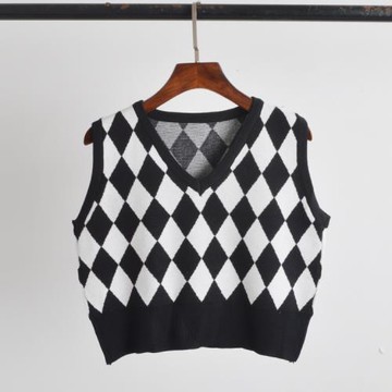 撒柜針織衫馬甲菱格短款無袖坎肩寬松背心外搭女套頭