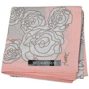 YSL Yves Saint Laurent 粉灰底繽紛玫瑰圖騰字母LOGO帕領巾(51CM)