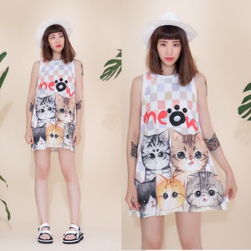 古著 粉彩棋盤格五隻可愛貓咪背心裙洋裝